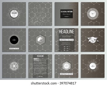 Set of 12 creative cards, square brochure template design. Chemistry pattern, hexagonal design vector illustration.