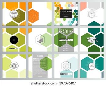 Set of 12 creative cards, square brochure template design. Abstract colorful business background, modern stylish hexagonal vector texture.