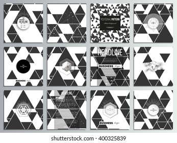 Set of 12 creative cards, square brochure template design. Triangular vector pattern. Abstract black triangles on white background.