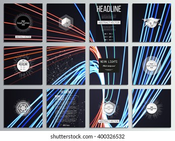 Set of 12 creative cards, square brochure template design. Abstract lines background, motion design vector illustration.