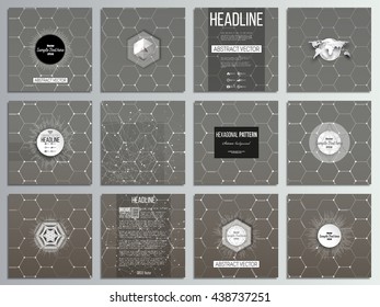 Set of 12 creative cards, square brochure template design. Chemistry pattern, hexagonal design vector illustration.