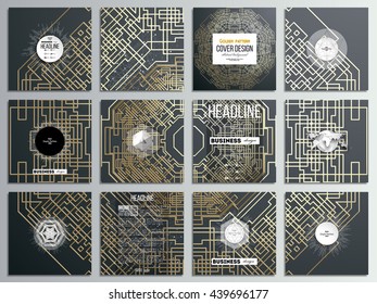 Set of 12 creative cards, square brochure template design. Golden technology pattern on dark background with connecting lines and dots, connection structure. Digital scientific vector.