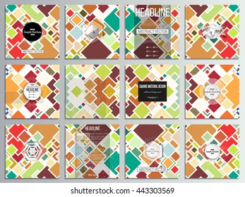 Set of 12 creative cards, square brochure template design. Colored vector background.