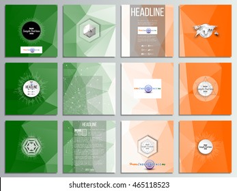 Set of 12 creative cards, square brochure template design. Background for Happy Indian Independence Day celebration with Ashoka wheel and national flag colors, vector illustration.