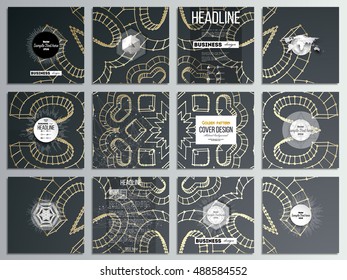 Set of 12 creative cards, square brochure template design. Polygonal backdrop with golden connecting dots and lines, connection structure. Digital scientific background