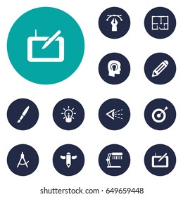 Set Of 12 Creative Icons Set.Collection Of Illuminator, Writing, Gadget And Other Elements.