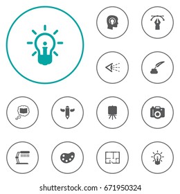 Set Of 12 Creative Icons Set.Collection Of Writing, Illuminator, Artist And Other Elements.