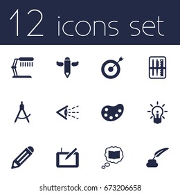 Set Of 12 Creative Icons Set.Collection Of Compass, Wings, Look And Other Elements.