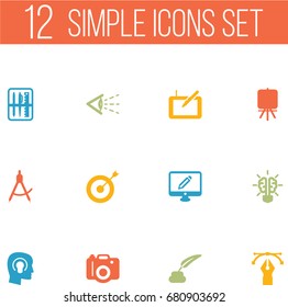 Set Of 12 Creative Icons Set.Collection Of Stand , Pencil , Gadget Elements.