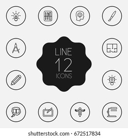 Set Of 12 Creative Outline Icons Set.Collection Of Graphic Tablet, Property Plan, Brain And Other Elements.