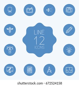 Set Of 12 Creative Outline Icons Set.Collection Of Dslr Camera, Idea, Vision And Other Elements.