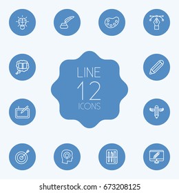 Set Of 12 Creative Outline Icons Set.Collection Of Target, Writing, Knowledge And Other Elements.