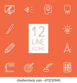 Set Of 12 Creative Outline Icons Set.Collection Of Vision, Inkwell With Pen, Dividers And Other Elements.