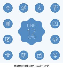 Set Of 12 Creative Outline Icons Set.Collection Of Monitor, Drawing Tools, Property Plan And Other Elements.