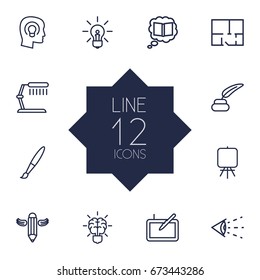 Set Of 12 Creative Outline Icons Set.Collection Of Inkwell With Pen, Knowledge, Idea And Other Elements.