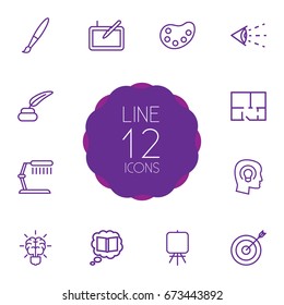 Set Of 12 Creative Outline Icons Set.Collection Of Vision, Graphic Tablet, Brain And Other Elements.