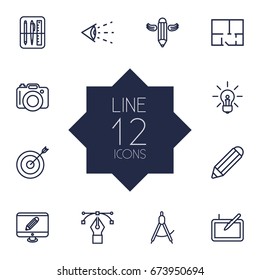 Set Of 12 Creative Outline Icons Set.Collection Of Pencil, Target, Drawing Tools And Other Elements.
