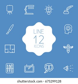 Set Of 12 Creative Outline Icons Set.Collection Of Paintbrush, Concept, Table Lamp And Other Elements.