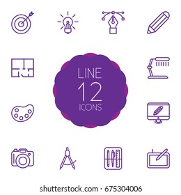 Set Of 12 Creative Outline Icons Set.Collection Of Palette, Table Lamp, Property Plan And Other Elements.
