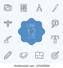 Set Of 12 Creative Outline Icons Set.Collection Of Dividers, Knowledge, Target And Other Elements.