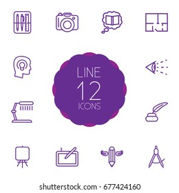 Set Of 12 Creative Outline Icons Set.Collection Of Easel, Inkwell With Pen, Dslr Camera And Other Elements.