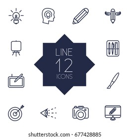 Set Of 12 Creative Outline Icons Set.Collection Of Concept, Dslr Camera, Paintbrush And Other Elements.