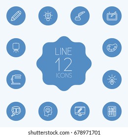 Set Of 12 Creative Outline Icons Set.Collection Of Knowledge, Concept, Inkwell With Pen And Other Elements.