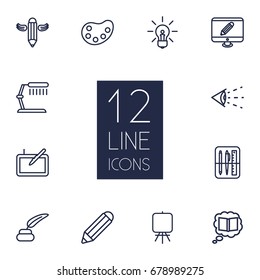 Set Of 12 Creative Outline Icons Set.Collection Of Vision, Writing, Inkwell With Pen And Other Elements.