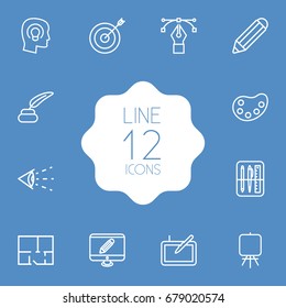 Set Of 12 Creative Outline Icons Set.Collection Of Concept, Drawing Tools, Inkwell With Pen And Other Elements.