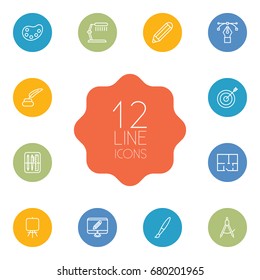 Set Of 12 Creative Outline Icons Set.Collection Of Inkwell With Pen, Drawing Tools, Dividers And Other Elements.