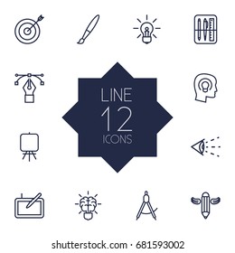 Set Of 12 Creative Outline Icons Set.Collection Of Paintbrush, Concept, Easel And Other Elements.