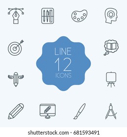 Set Of 12 Creative Outline Icons Set.Collection Of Concept, Writing, Monitor And Other Elements.