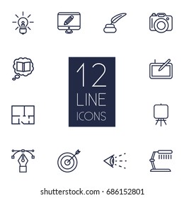 Set Of 12 Creative Outline Icons Set.Collection Of Knowledge, Dslr Camera, Inkwell With Pen And Other Elements.