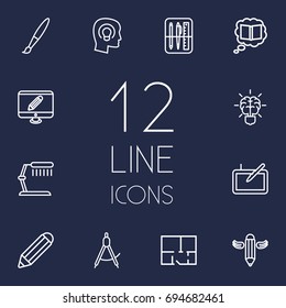 Set Of 12 Creative Outline Icons Set.Collection Of Property Plan, Paintbrush, Drawing Tools And Other Elements.
