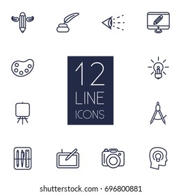 Set Of 12 Creative Outline Icons Set.Collection Of Monitor, Idea, Writing And Other Elements.