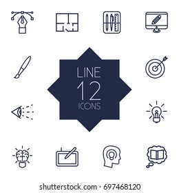 Set Of 12 Creative Outline Icons Set.Collection Of Brain, Drawing Tools, Monitor And Other Elements.