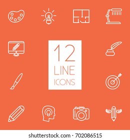 Set Of 12 Creative Outline Icons Set.Collection Of Monitor, Property Plan, Pencil And Other Elements.