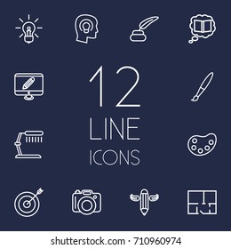Set Of 12 Creative Outline Icons Set.Collection Of Inkwell With Pen, Knowledge, Idea And Other Elements.