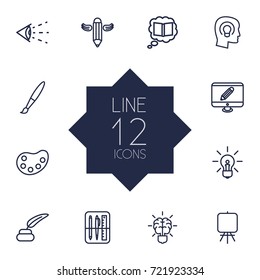 Set Of 12 Creative Outline Icons Set.Collection Of Easel, Paintbrush, Drawing Tools And Other Elements.