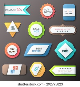 Set of 12 creative paper badges. Vector. Can be used for web design and  workflow layout
