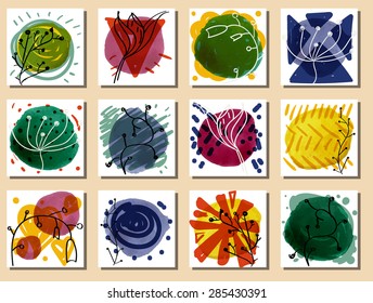 Set of 12 creative unique abstract hand  drawn card for postcards, invitations, business cards and more