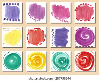 Set of 12 creative unique abstract hand drawn watercolor cards for postcards, invitations, business cards and more