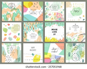 Set Of 12 Creative Universal Cards. Hand Drawn Textures. Wedding, Anniversary, Birthday, Valentin's Day, Party Invitations. Vector. Isolated.