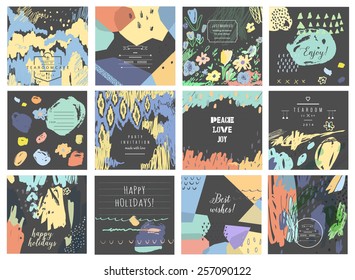 Set of 12 creative universal cards. Hand Drawn textures. Wedding, anniversary, birthday, Valentin's day, party invitations. Vector. Isolated.