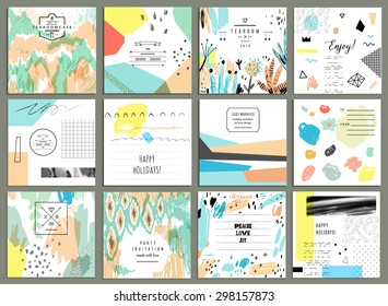 Set of 12 creative universal cards. Hand Drawn textures. Wedding, anniversary, birthday, Valentin's day, party invitations. Vector. Isolated.