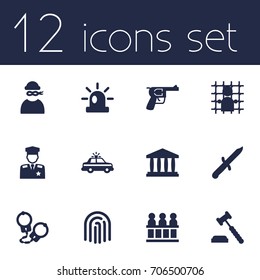 Set Of 12 Criminal Icons Set.Collection Of Judge Gavel, Manacles, Police Car And Other Elements.