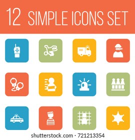 Set Of 12 Criminal Icons Set.Collection Of Manacles, Walkie-Talkie, Victim And Other Elements.