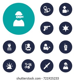 Set Of 12 Criminal Icons Set.Collection Of Suspicious, Bayonet, Revolver And Other Elements.