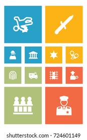 Set Of 12 Criminal Icons Set.Collection Of Building, Jury, Policeman And Other Elements.