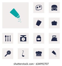 Set Of 12 Culinary Icons Set.Collection Of Chef Cap, Sandwich, Weighing Machine Elements.